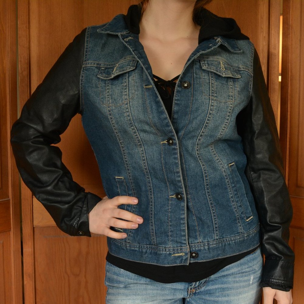 Leather Sleeve Jean Jacket